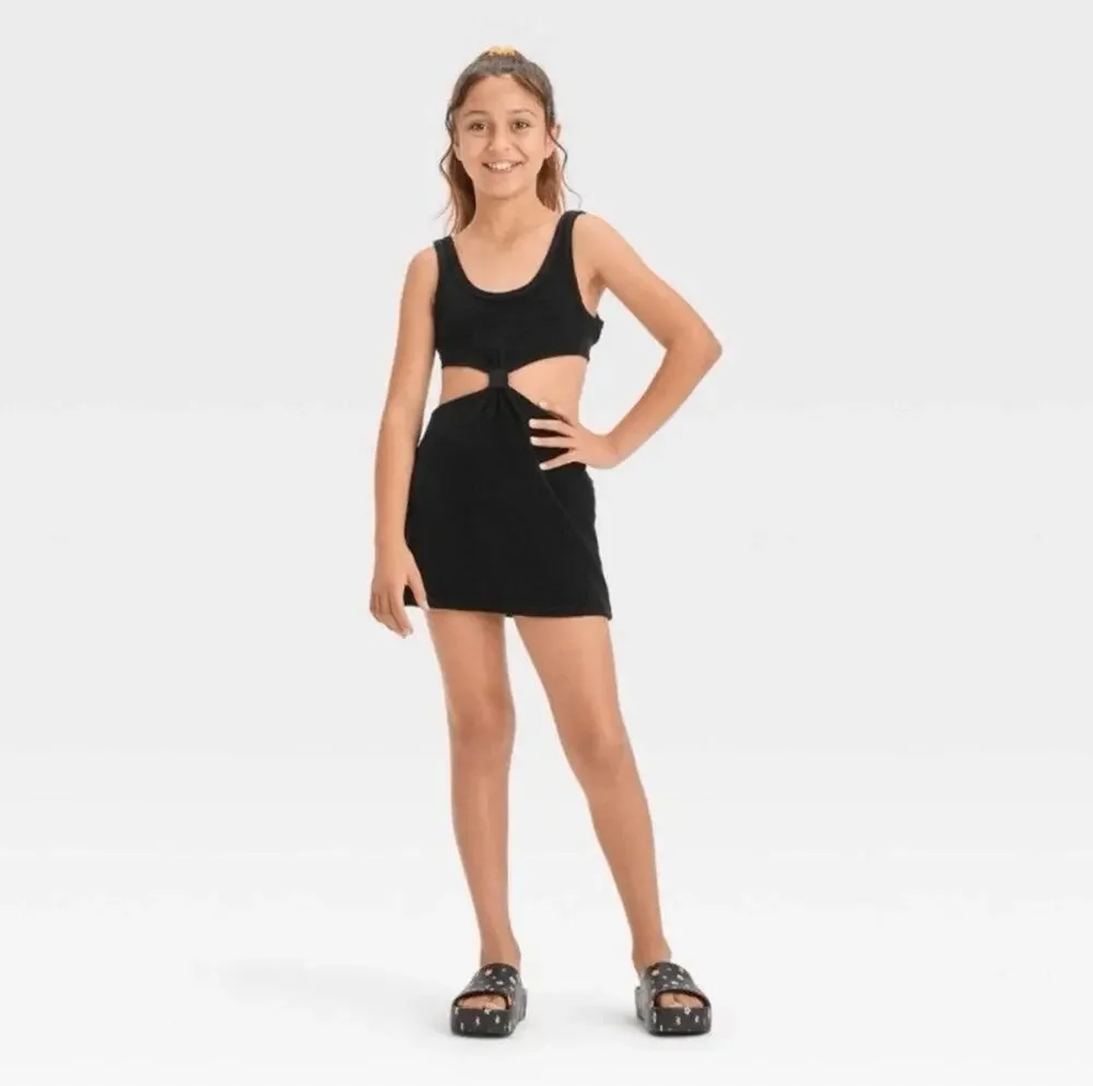 Art Class) Solid Black Terry Cover Up Dress Swim Cut Out Girls XS NWT